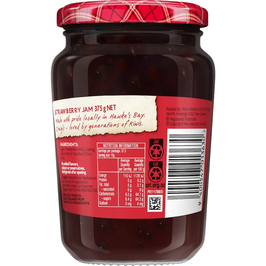 Vibrant jar of Craig's Strawberry Jam, showcasing its rich, smooth texture, perfect for spreads and baking without additives.