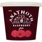 Vibrant Anathoth Farm Raspberry Jam in a jar, crafted from ripe New Zealand raspberries using traditional methods.