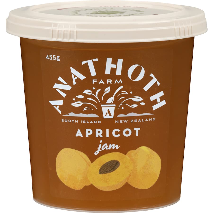 Jar of Anathoth Farm Apricot Jam, showcasing rich New Zealand apricot flavor with natural fruit pieces for an authentic taste.