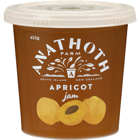 Jar of Anathoth Farm Apricot Jam, showcasing rich New Zealand apricot flavor with natural fruit pieces for an authentic taste.