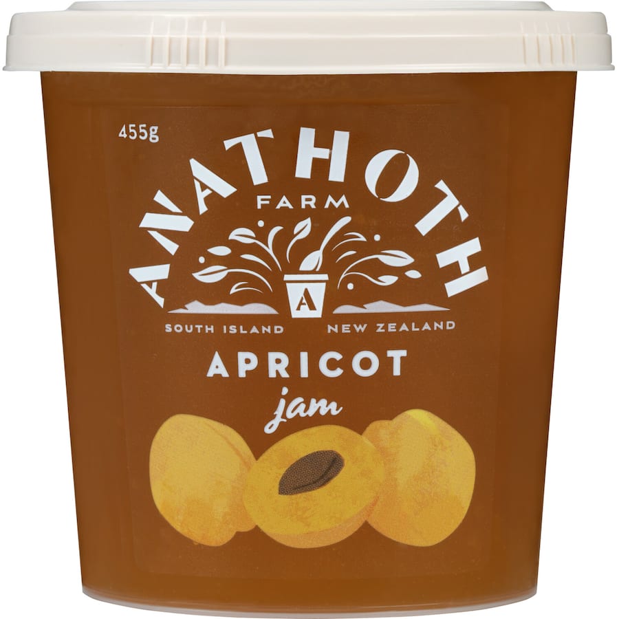 Jar of Anathoth Farm Apricot Jam, featuring vibrant New Zealand apricots and a rich, artisanal flavor, perfect for spreads.