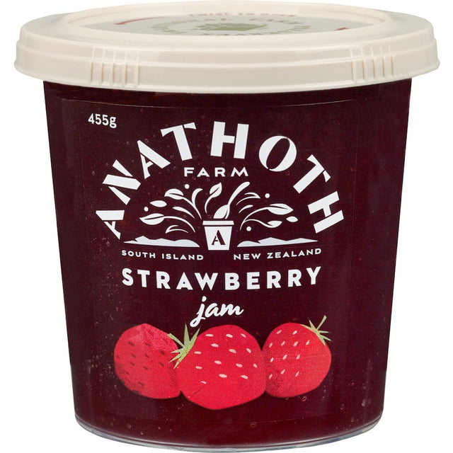 Anathoth Farm Strawberry Jam, a premium spread made with hand-picked NZ strawberries, perfect for toast and baking.