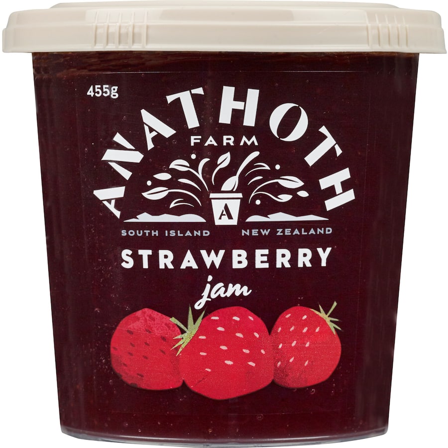 Anathoth Farm Strawberry Jam in a jar, showcasing rich color and texture made from hand-picked New Zealand strawberries.