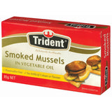 Canned Trident Mussels Smoked in Vegetable Oil, perfect for gourmet snacking or antipasto platters.
