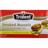 Canned Trident Mussels smoked in vegetable oil, showcasing rich flavor, perfect for gourmet snacking or antipasto platters.