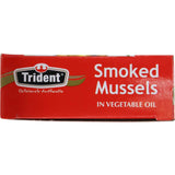 Canned Trident Mussels Smoked in Vegetable Oil, perfect for snacking, antipasto, or elevating meals with rich flavor.
