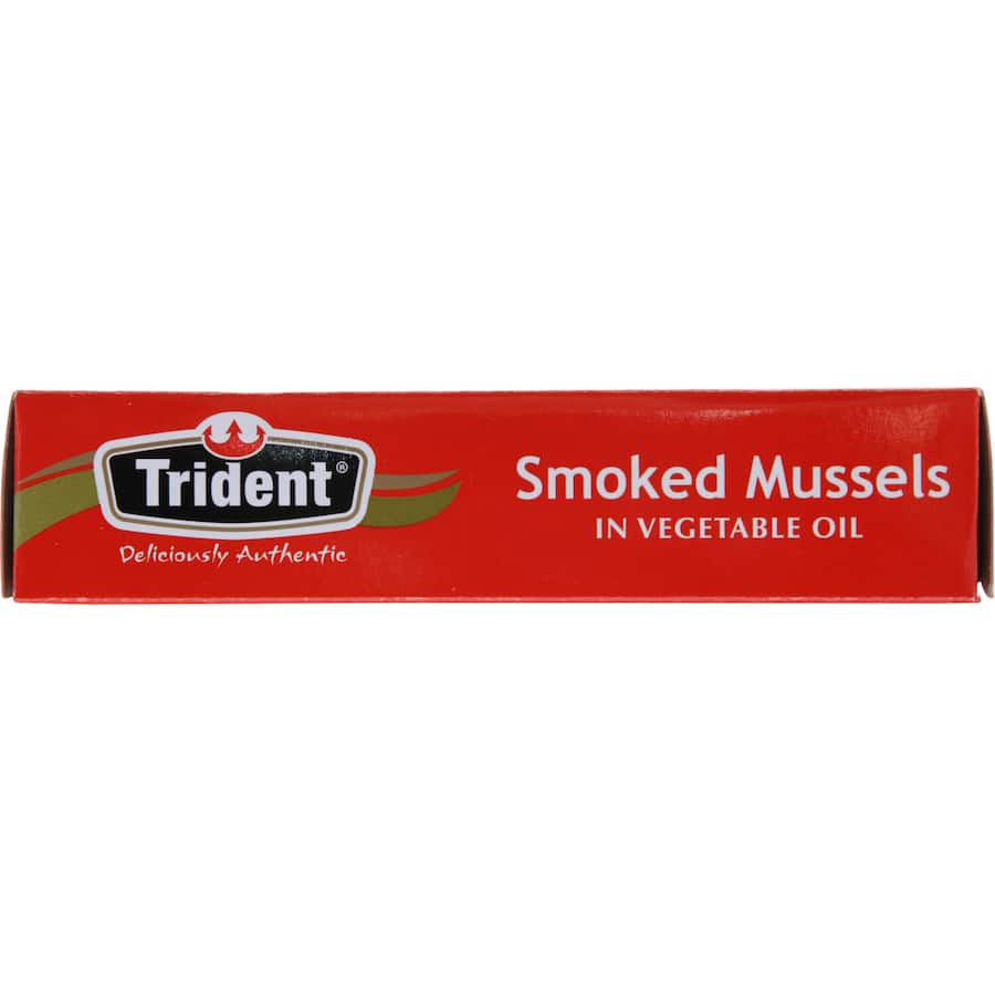 Canned Trident mussels smoked in vegetable oil, perfect for gourmet snacking and antipasto platters.