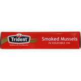 Canned Trident mussels smoked in vegetable oil, perfect for gourmet snacking and antipasto platters.