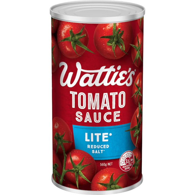 Wattie's Tomato Sauce Lite Reduced Salt: 575g bottle with 25% less sodium, ideal for health-conscious meals and BBQs.