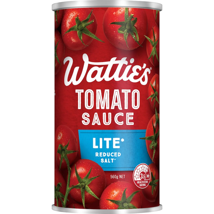 Wattie's Tomato Sauce Lite: Reduced salt ketchup perfect for burgers and meals, featuring no artificial ingredients.