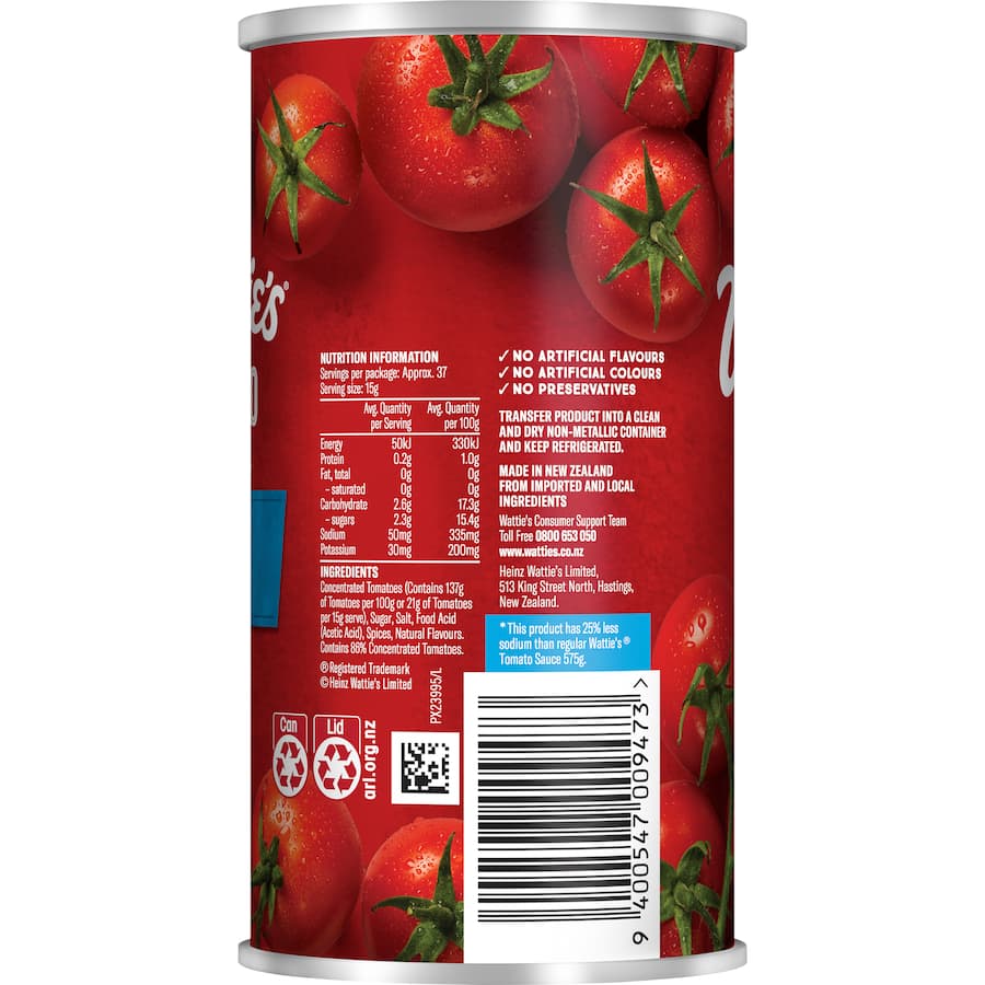 Wattie's Tomato Sauce Lite Reduced Salt, 575g, a healthier condiment with 25% less sodium, perfect for burgers and barbecues.