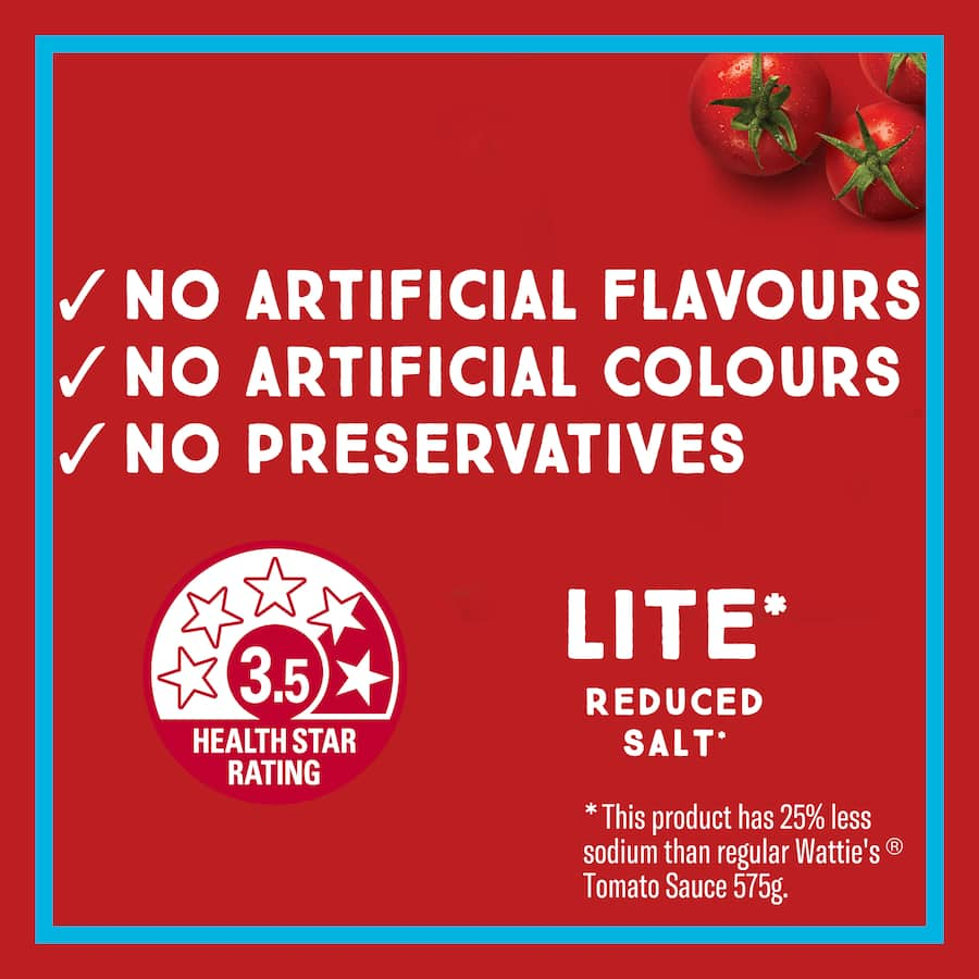 Wattie's Lite Tomato Sauce with 25% less sodium, perfect for burgers and barbecues, no artificial additives.