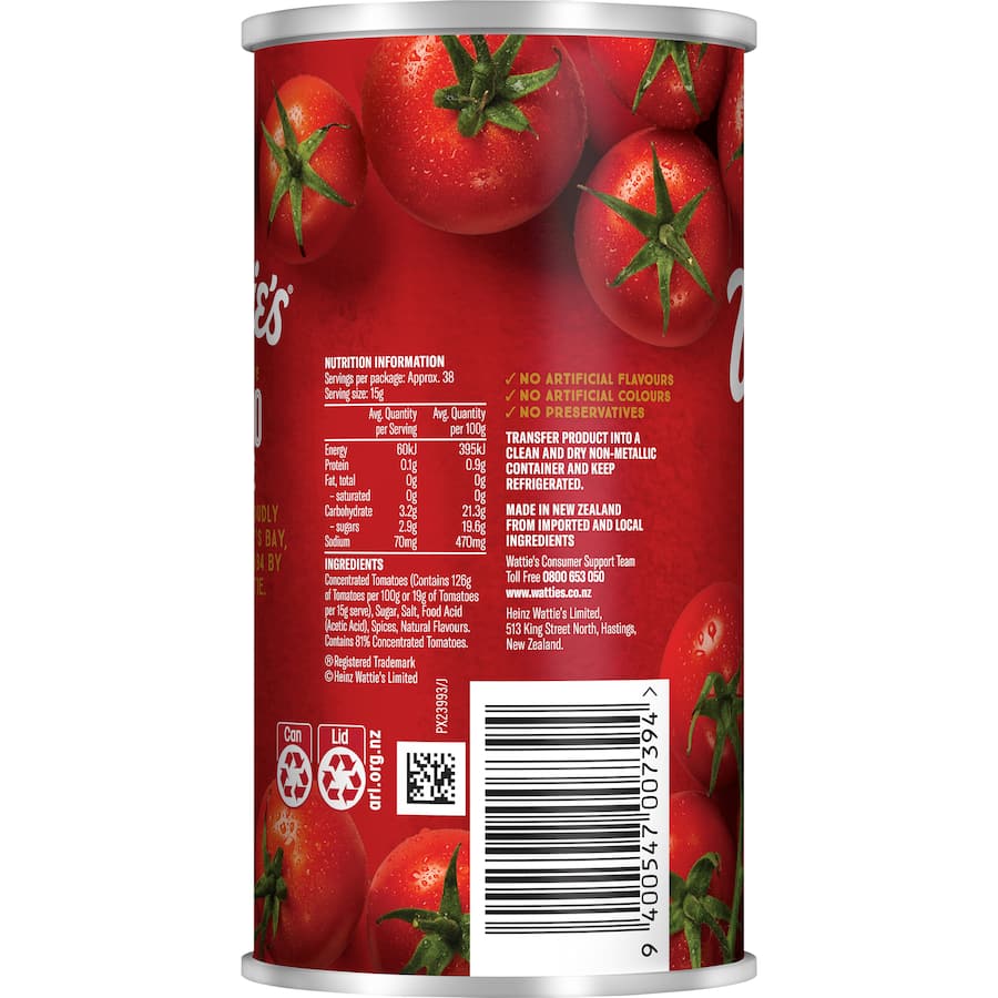 Wattie's Tomato Sauce bottle showcasing Kiwi's beloved condiment, free from artificial additives, perfect for enhancing meals.