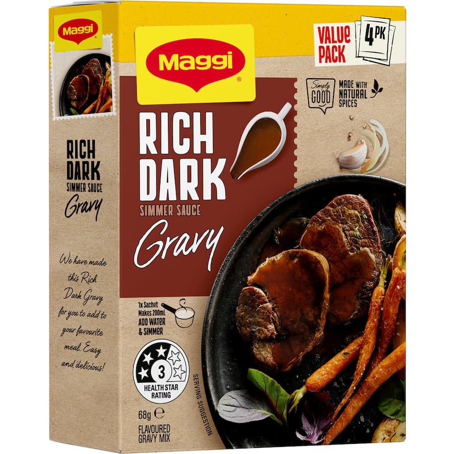 Maggi Rich Dark Instant Gravy Mix 68g, a quick and easy mix for flavorful gravies perfect for meats and vegetarian dishes.