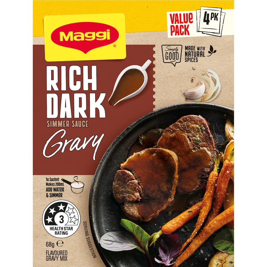 Maggi Rich Dark Instant Gravy Mix 68g packet, featuring convenient preparation for savory meat gravies and flavor enhancement.