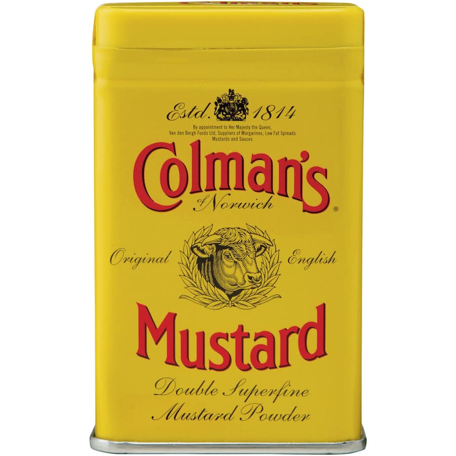 Colmans Mustard Powder, finely ground for robust flavor, ideal for enhancing sauces, dressings, and various dishes.