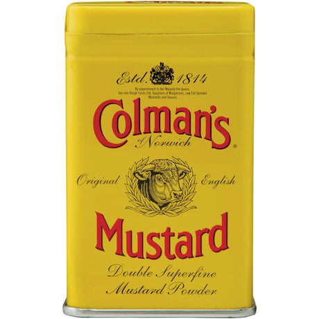 Colmans Mustard Powder, finely ground for robust flavor, ideal for enhancing sauces, dressings, and various dishes.