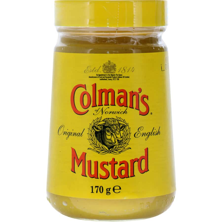 Colmans Mustard Original English jar showcasing zesty mustard for gourmet cooking and enhancing dishes since 1814.