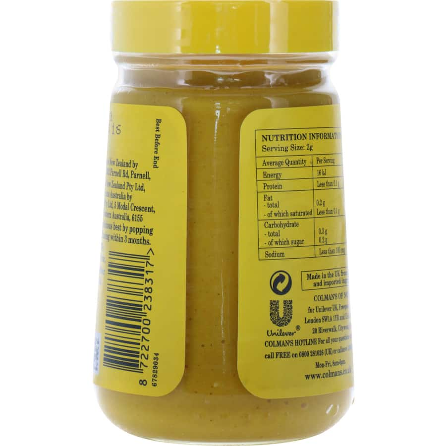 Colmans Mustard Original English in a jar, offering a zesty and distinctive flavor for enhancing dishes since 1814.