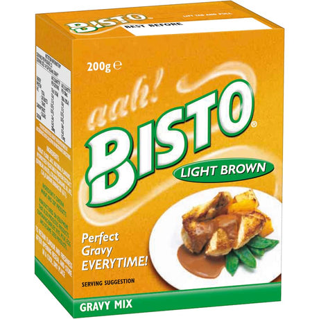 Bisto Gravy Mix Light Brown packet, perfect for quick, savory homestyle gravy, ideal for meats, stews, and soups.