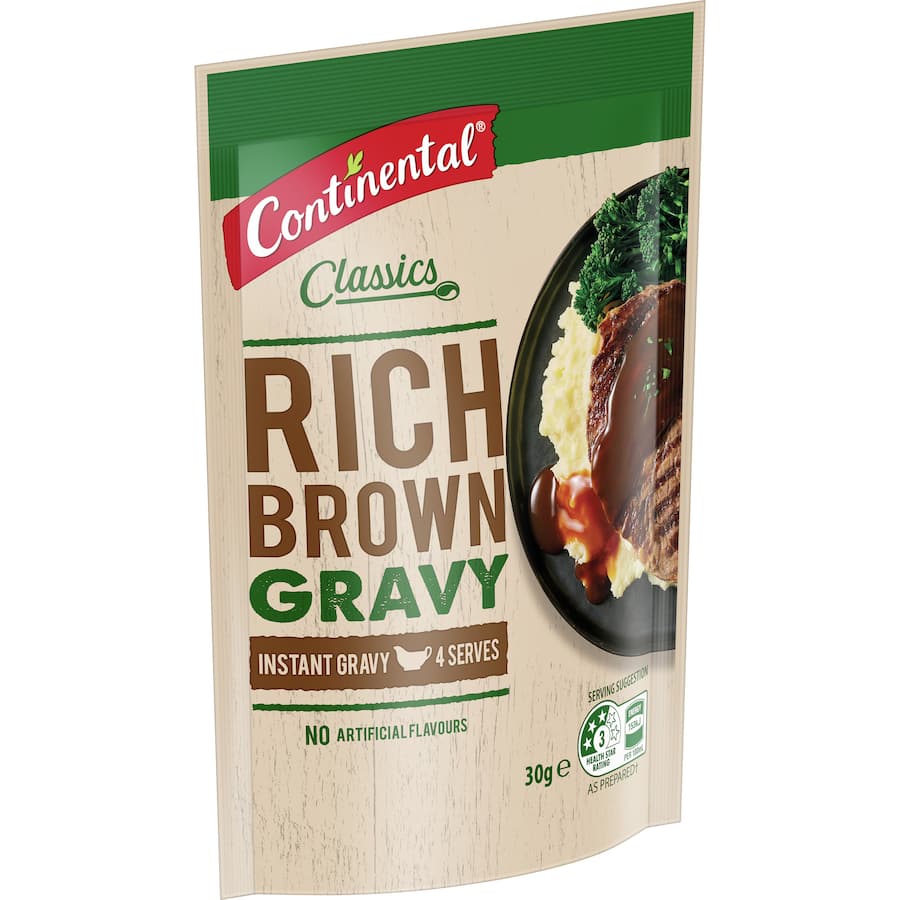 Rich brown gravy mix in a sachet, perfect for enhancing steaks, roasts, and quick gourmet meals, 98% fat-free.