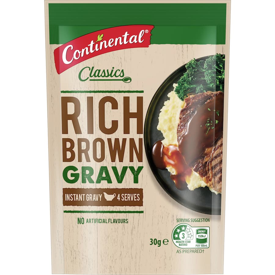 Rich brown gravy mix in a sachet, perfect for enhancing steaks and roasts, 98% fat-free, quick to prepare, serves 4.