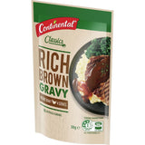 Rich brown gravy mix in sachets, perfect for enhancing meals like steak and roast lamb, 98% fat-free and MSG-free.