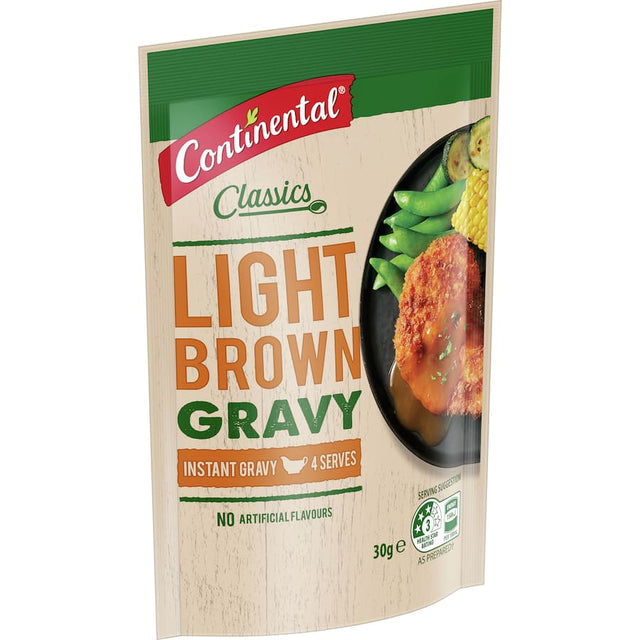 Instant light brown gravy mix, 99% fat-free, ideal for enhancing roasts and meat dishes with rich, savory flavor.