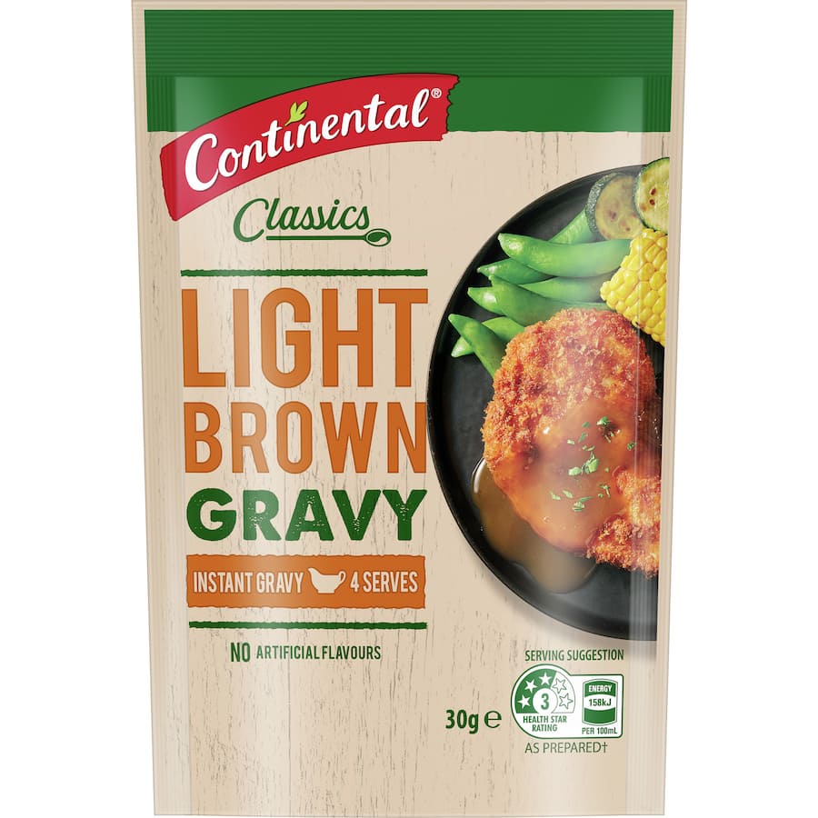 Continental Instant Gravy Mix Light Brown sachet; 99% fat-free, rich flavor for delicious, quick meals with classic taste.