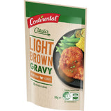 Continental Instant Gravy Mix Light Brown sachet, rich, 99% fat-free gravy perfect for enhancing roasts and meats.