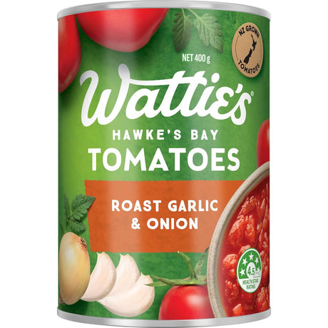 Canned tomatoes featuring roasted garlic and onion, ideal for flavorful sauces and healthy meals, made from Hawke's Bay tomatoes.