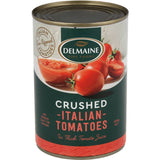 Delmaine Crushed Tomatoes: sun-ripened Roma tomatoes in thick juice, perfect for sauces, soups, and casseroles.