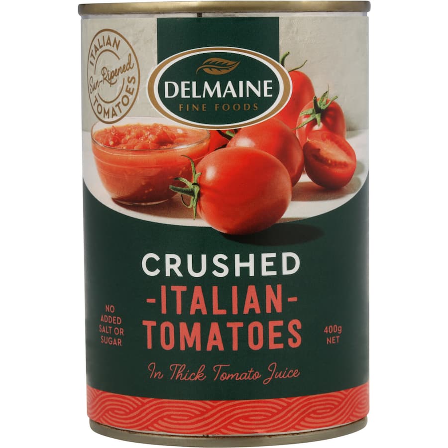 Delmaine Crushed Tomatoes made from sun-ripened Italian Roma tomatoes in thick juice, perfect for various recipes and dishes.