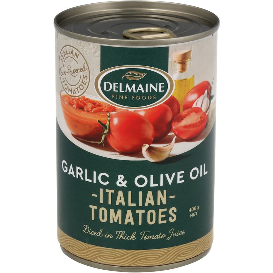 Sun-ripened diced tomatoes with garlic and olive oil, perfect for enhancing pasta sauces and Italian dishes.