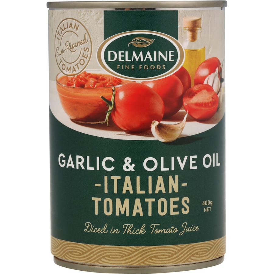 Delmaine Diced Tomatoes with Garlic & Olive Oil, featuring sun-ripened tomatoes in thick juice for rich, authentic Italian flavor.