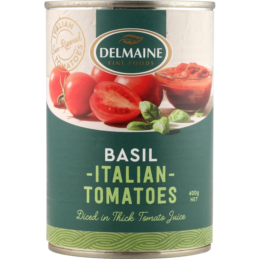 Delmaine Diced Tomatoes with Fresh Basil in thick juice, perfect for flavorful pasta sauces and Italian dishes.