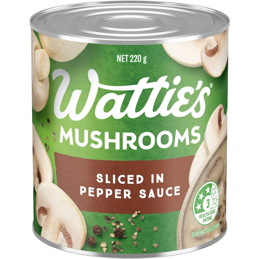 Canned sliced mushrooms in rich pepper sauce, perfect for soups, pasta, and gourmet meals without artificial colors.