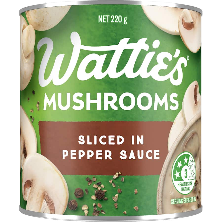 Wattie's sliced mushrooms in rich pepper sauce, perfect for enhancing soups, pasta, and gourmet meals.