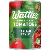 Wattie's Italian Style infused tomatoes in a can, featuring oregano, basil, and thyme for versatile cooking.