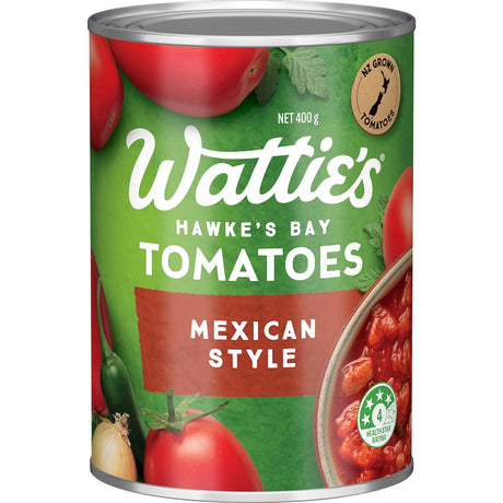 Wattie's Mexican Style Flavoured Tomatoes with jalapeño and spices, perfect for chili, nachos, and casseroles.