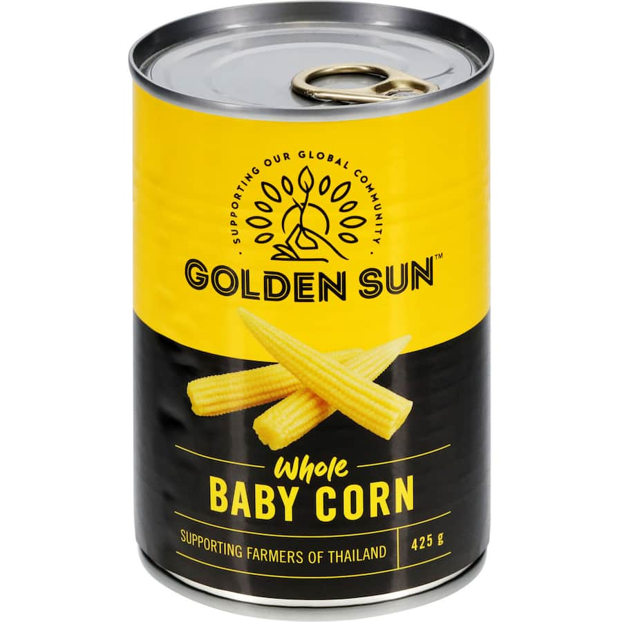 Golden Sun Corn Whole Baby Gluten Free: Thai-grown, mild-flavored baby corn perfect for stir-fries, soups, and salads.