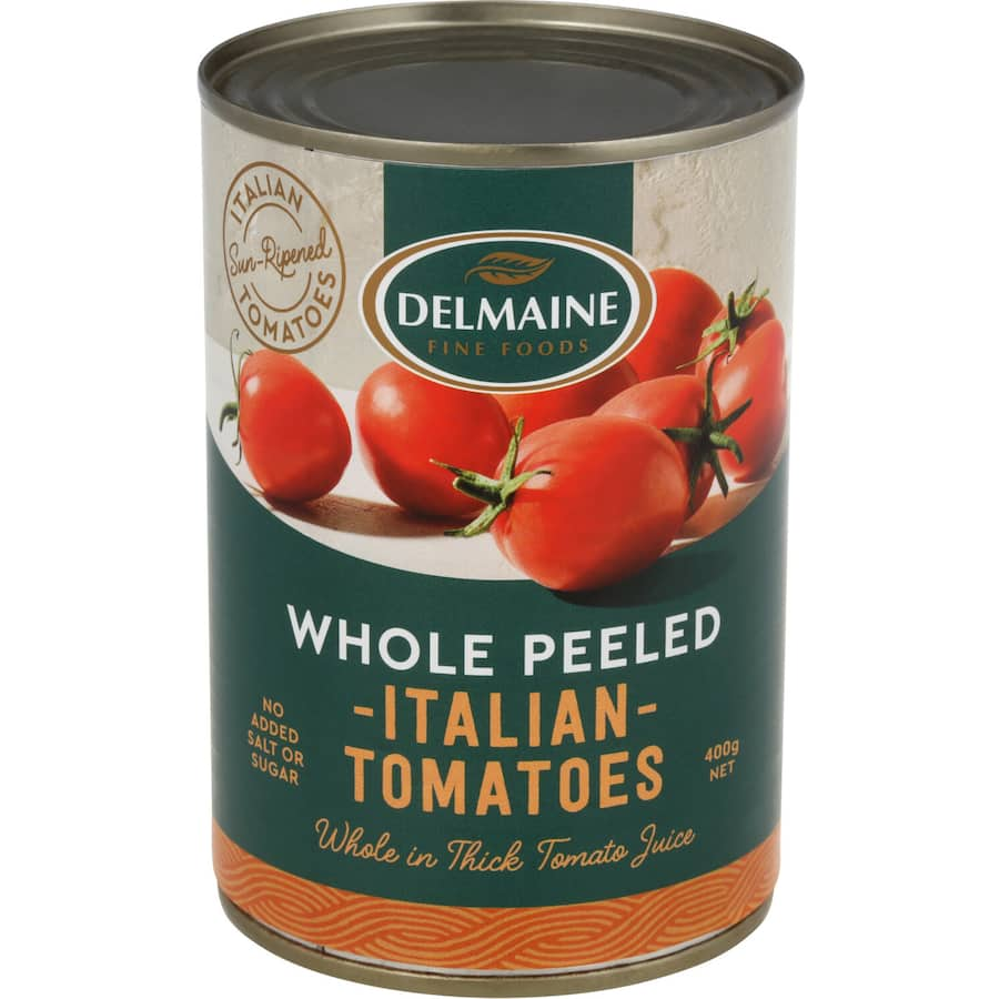 Delmaine Whole Peeled Tomatoes in Juice, sun-ripened Roma tomatoes in thick juice, perfect for sauces and versatile cooking.