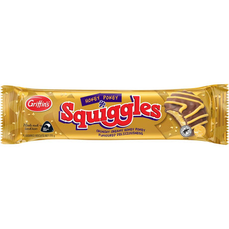 Griffins Squiggles chocolate biscuits with hokey pokey cream, crunchy pieces, and playful yellow squiggles on milk chocolate.