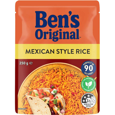 Bens Original Microwave Rice Mexican features long grain rice with zesty tomatoes, capsicum, and jalapenos for quick meals.