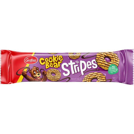 Delicious Griffins Cookie Bear chocolate biscuits with a playful hole and creamy chocolate stripes, perfect for snacking.