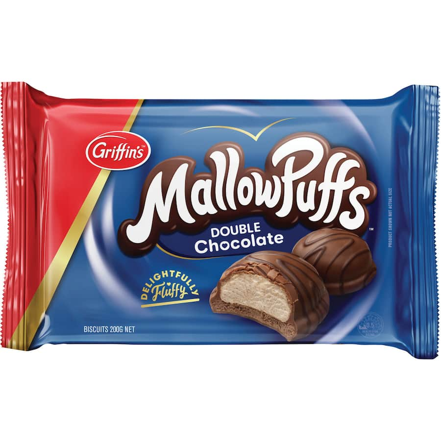 Delicious Griffins Mallowpuffs featuring fluffy marshmallow, rich milk chocolate, and elegant dark chocolate drizzles.