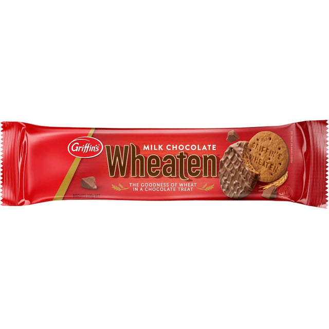 Half-coated in milk chocolate, Griffins Wheaten Biscuits offer a wholesome, fiber-rich snack with no artificial additives.