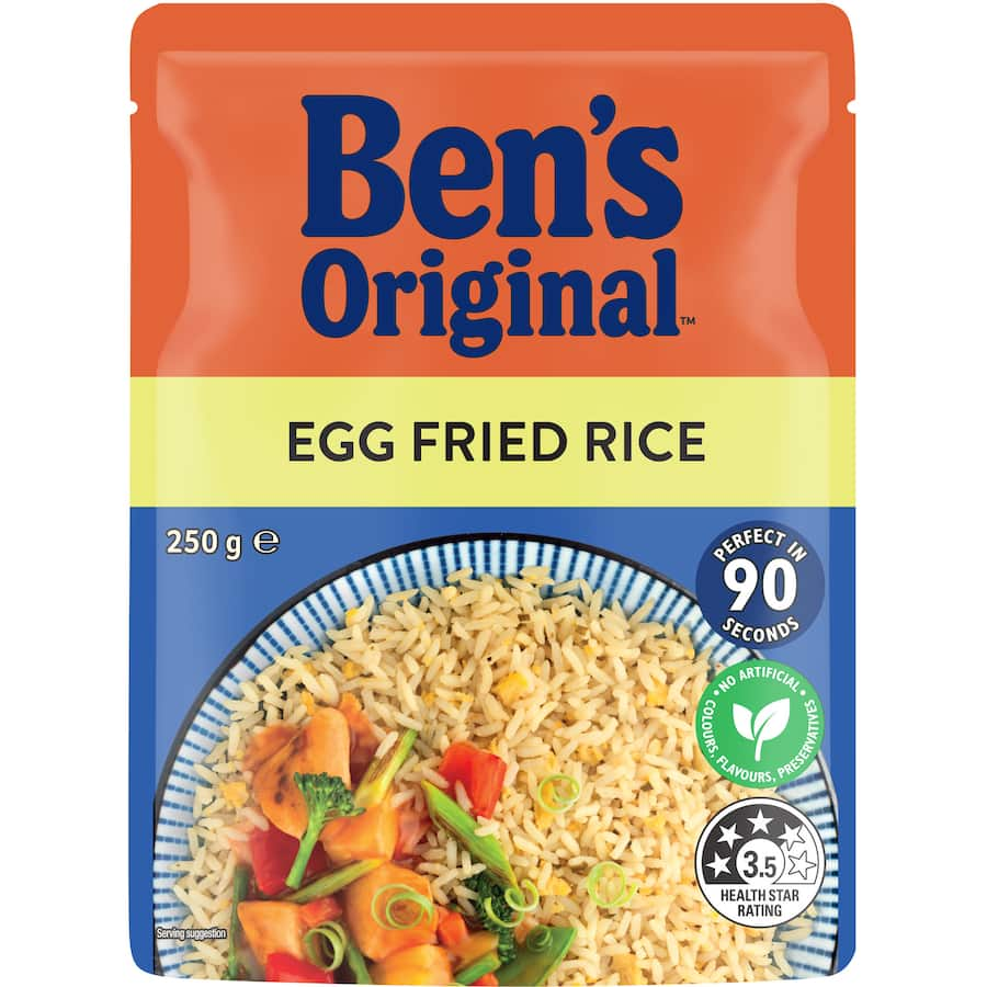 Ben's Original Microwave Rice Egg Fried Rice pouch featuring premium long grain rice, farm-fresh eggs, and savory garlic.