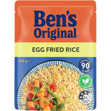 Ben's Original Microwave Rice Egg Fried Rice pouch featuring premium long grain rice, farm-fresh eggs, and savory garlic.