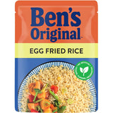 A pouch of Ben's Original Microwave Rice Egg Fried Rice, featuring long grain rice, eggs, onions, and garlic, ready in 90 seconds.